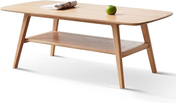 QKFF Modern Solid Wood Coffee Table, 2-Tier Small Wooden Coffee Table with Storage Shelf for Living Room, Apartment, Office, Natural (32''D x 20''W x 18''H)