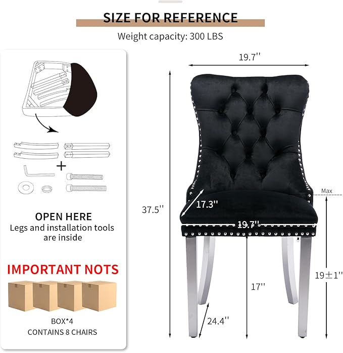 YeahFurn Mid Century Modern Dining Chairs Set of 8, Black Velvet Upholstered Tufted Back, Kitchen & Dining Room Chairs, Brushed Silver Metal Legs, Nailhead Trim, Sillas para Comedor (Black, 8 Pcs)