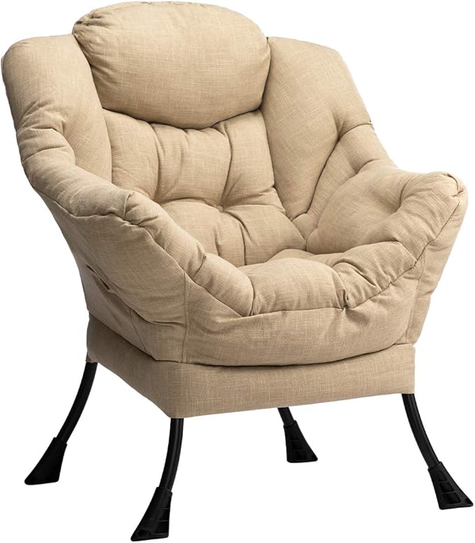 HollyHOME Lazy Chair with Armrest and Side Pocket, Comfy Accent Lounge Chair,Leisure Sofa Armchair for Living Room, Bedroom, Dorm, or Small Spaces, Oversized Reading Sofa Chair,Cotton-Linen Tan
