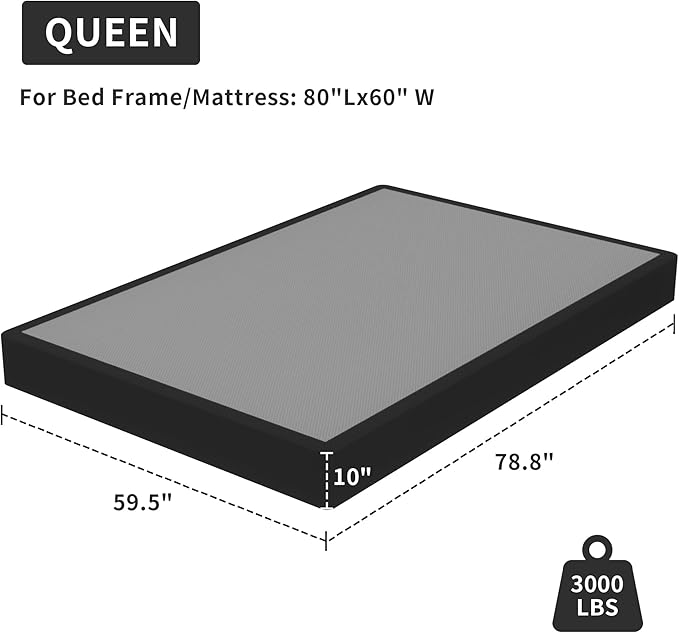 Superay Queen Box Spring, 10 inch Box Spring for Queen Bed, Heavy Duty Metal Bed Frame with Fabric Cover, 3000lbs Max Weight Capacity Bed Base Mattress Foundation, Easy Assembly, Noise Free, Black