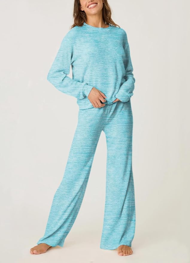Aamikast Women's 2-Piece Lounge Set Soft Brushed Jersey Sleepwear Pajamas Set Long Sleeve Top & Wide Leg Pants