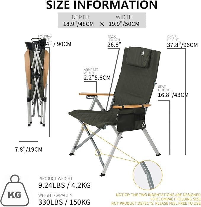 Reclining Camping Chair, Heavy Duty Folding Chairs with 4-Stage Adjustable High Back for Adults, Compact Foldable Outdoor Patio Reclining Chair with Storage Bag (Green, 2 Pack)