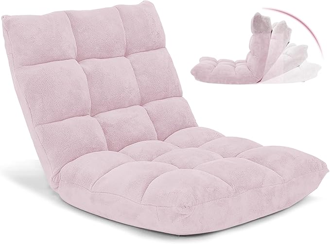 IFANNY Floor Chair with Back Support, Foldling Gaming Sofa Chair with Comfy Cushion, Adjustable 14-Position Meditation Chairs, Lazy Lounge Recliner Reading Seat for Adults, Kids (Light Pink)