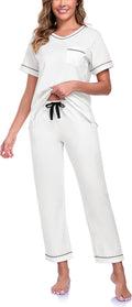 CF Women's 100% Cotton Pajama Sets Soft Short Sleeve Tops & Pants Comfy Sleepwear 2 Piece Lounge set with Pockets Loungewear