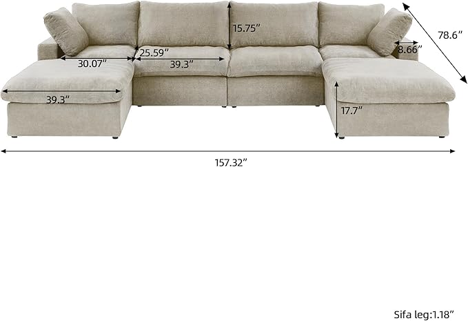 U-Shaped Cloud Sectional Couch, Oversize Modular Sofa, Modern Comfy Cloud Sofa with Storage Ottomans, Covers Removable, Convertible Sleeper Couch for Living Room Apartment (Khaki, Linen Fabric)