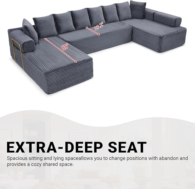 145" Oversized Cloud Boneless Sectional Sofa with Chaise, Corduroy U Shaped Modular Couch with Deep Seat, Fixed Frame Comfy Corner Sofa, No Assembly Required (Grey)