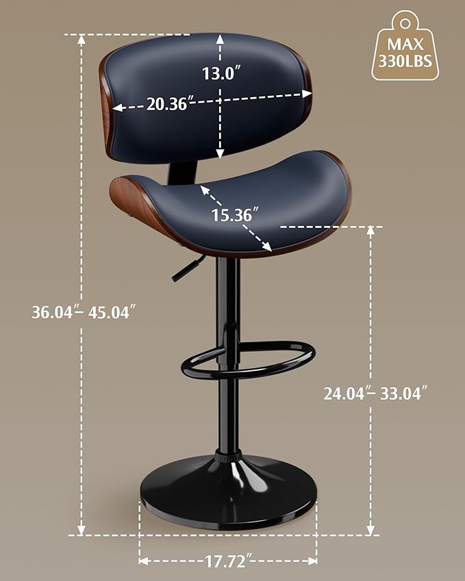 Aowos Bar Stools, Adjustable Swivel Leather Bar Stools for Kitchen Island, Mid Century Modern Counter Height Bar Chairs Barstools with Back & Footrest (Blue 1PCS)