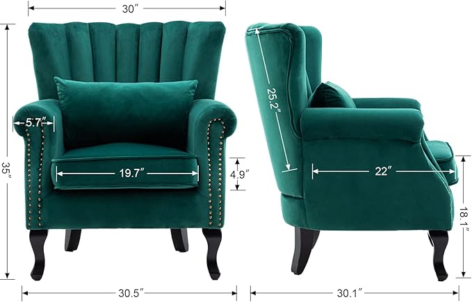DM Furniture Velvet Accent Chairs Set of 2 with Arm Comfy Living Room Chair Mid-Century Modern Wingback Side Chair Single Sofa Couch for Bedroom Guest Room, Green
