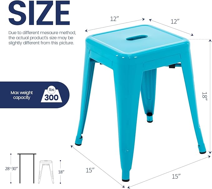 Brage Living 18 Inch Industrial Metal Stools Set of 2, Stackable Classroom Stools, Backless Metal Dining Chairs for Indoor Outdoor, Kitchen Short (Teal Blue)