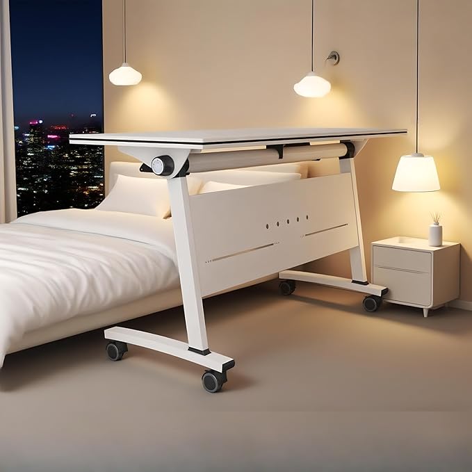 Folding Conference Room Tables, Flip Top Mobile Training Table with Wheels, Mobile Dynamic Meetings Training Tables, Portable Office Executive Desk, Rolling Seminar Meeting Table (1, White, 47.2in)