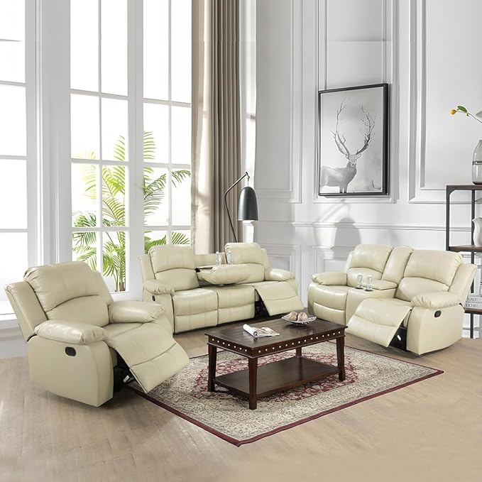 AYCP Bonded Leather Living Room Furniture Set Reclining Sofa Set Loveseat Furniture Sets in Living Room Sofa Recliners (3 Pieces, Beige)