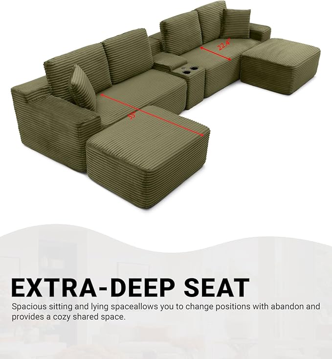 150" Oversized Modular Sectional Sofa, Deep Seat Cloud L-Shape Corduroy Couch with Cup Holders, USB Ports, Wireless Charging & Storage Box, Upholstered Modular Sleeper Sofa for Living Room (Green)