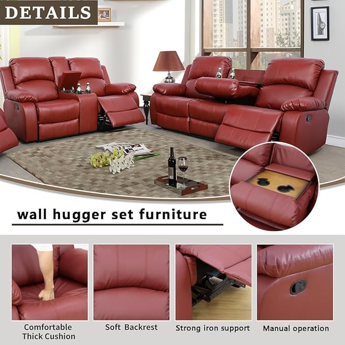 AYCP Bonded Leather Living Room Furniture Set Reclining Sofa Set Loveseat Furniture Sets in Living Room Sofa Recliners (Sofa+Loveseat, Red)