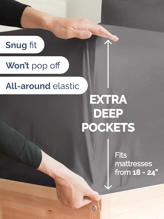 Extra Deep Pocket Queen Sheet Set - 4 Piece Breathable & Cooling Bed Sheets - Hotel Luxury Sheet Set - Soft, Wrinkle Free and Comfy - Easily Fits Extra Deep Mattresses - Deep Pocket Dark Grey Sheets