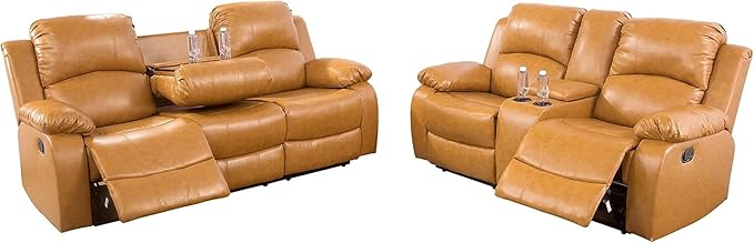 AYCP Bonded Leather Living Room Furniture Set Reclining Sofa Set Loveseat Furniture Sets in Living Room Sofa Recliners (Sofa+Loveseat, Ginger)