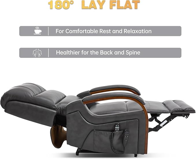 Dual Motor Power Lift Recliner Chair, Lay Flat Recliner, Lift Chair with Massage and Heat, Standing Assistance, Infinite Position Reclining, Living Room Chair (Faux Leather Grey)