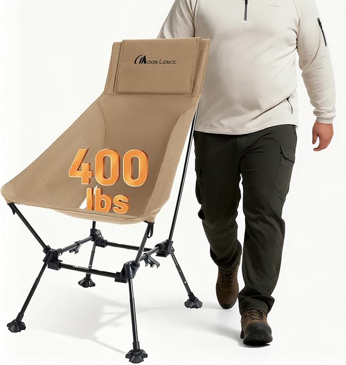 MOON LENCE Oversized High Back Camping Chair for Adults, Height Adjustable Folding Camping Chair with 400 lbs Capacity, Hidden Pillow Pocket and Wide Seat for Camping, Hiking, Picnics, Khaki