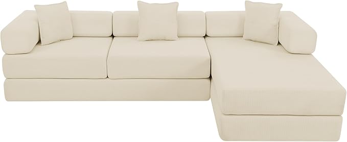 108" Convertible Sleeper Sofa Bed, Corduroy Folding Sofa Bed with Fixed-Shape Frame, Fold Out Floor Mattress Couch, Lazy Compression Sofas for Living Room, Bedroom, No Assembly Required,Beige