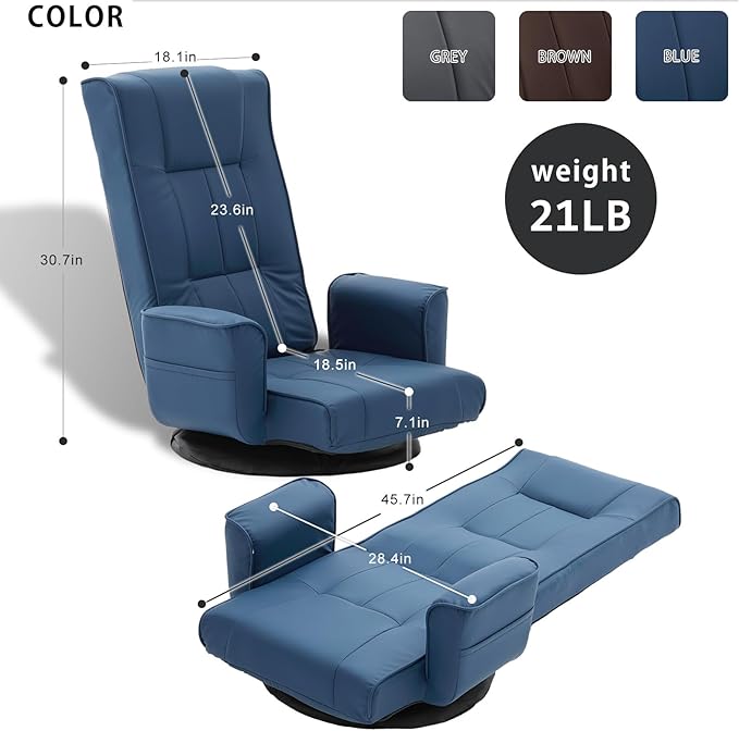 FLOGUOR 360° Swivel Gaming Floor Chair with Armrests – 14-Position Adjustable Folding Floor Sofa Lounger, Padded Backrest, Multi-Angle Recline for Home, Living Room & Office (Blue)