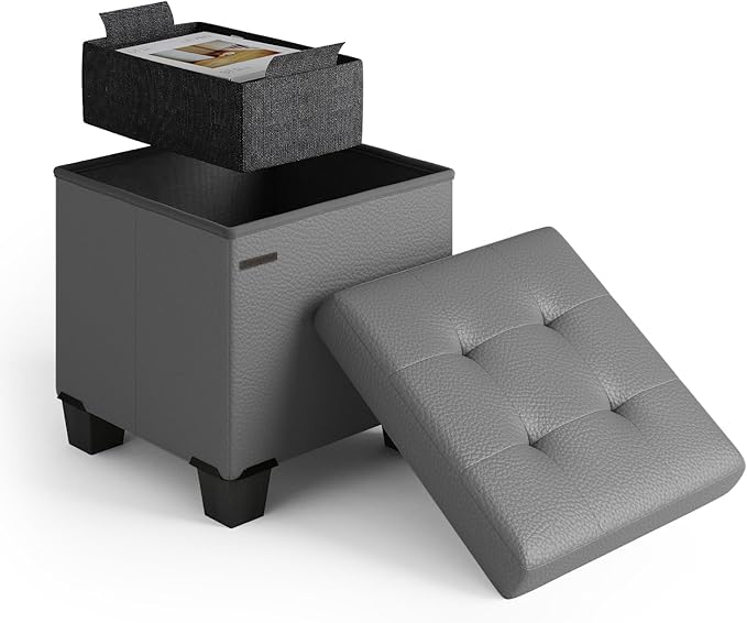 Storage Ottoman Cube with Small Bin, 16-in Square Ottoman with Storage for Living Room and Bedroom, Small Ottomans Foot Rest, Faux Leather Foot Stools Ottomans Max 330lbs, Grey
