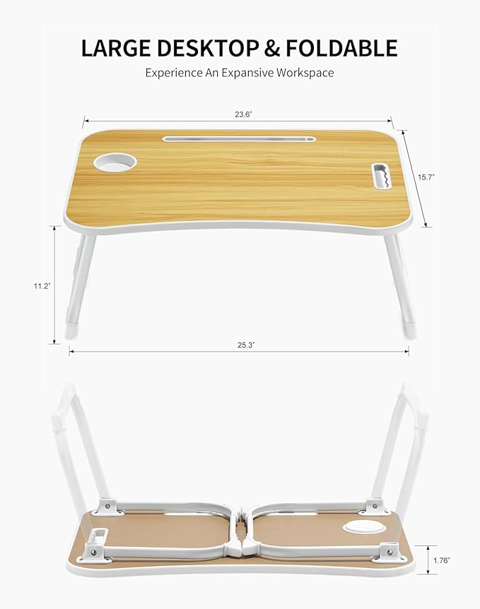 ZEAPTAC Laptop Bed Desk, Foldable Lap Desk, Portable Lap Table, Laptop Stand with Cup Holder & Tablet Slot & Lifting Handle for Working Writing Drawing & Eating - Wood