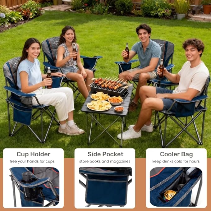 FAIR WIND Oversized Fully Padded Camping Chair for Heavy People with Lumbar Support, Heavy Duty Quad Fold Arm Chair with Cooler Bag - Support 450 LBS，Blue