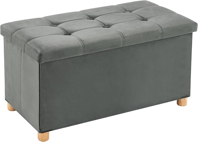 30 Inches Folding Storage Ottoman Bench, Velvet Storage Chest, Footrest Couch with Wooden Legs, Support 350lbs for Bedroom, Living Room, Hallway, Grey