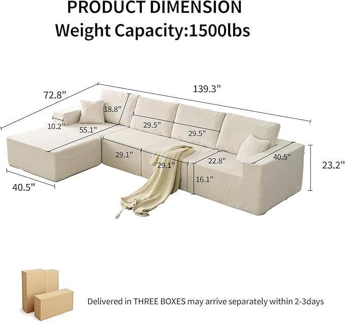 Boneless Cloud Sectional Couch for Living Room, Compressed Modular L-Shaped Sofa with Deep Seat, Frameless Corduroy Couch in Boxes, No Assembly Required, Beige Middle