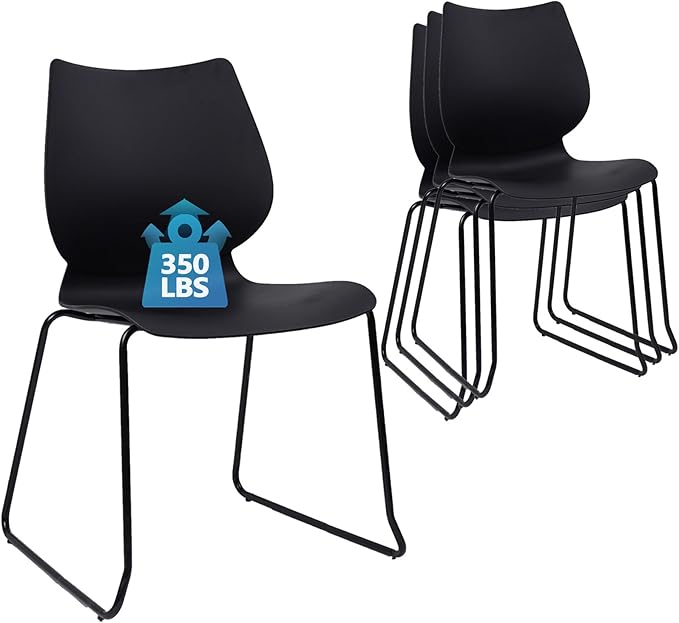 Stackable Waiting Room Chair, Stacking Office Chair with Ergonomic Lumbar Support and Metal Legs, Plastic Desk Chairs for Conference School Church Guest Reception Set of 4, Black