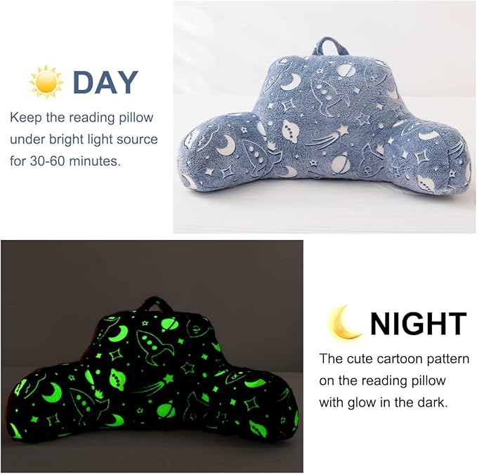Holawakaka Glow in The Dark Reading Pillow for Sitting up in Bed Sofa Kids Teens, Space Rocket Moon Stars Backrest Pillow with Arms for Boys Girls, Back Support Cushion for Couch Nursery Playroom