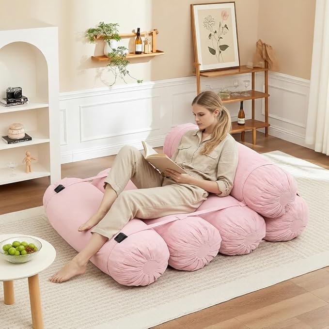 Ekskiei Bean Bag Sofa, Corduroy Sectional with Connecting Straps, Flexible Floor Seating, Soft Foam Filled Lounger, Non-Removable Cover, Reconfigurable Design,Living Room,Bedronm&Offices,Pink