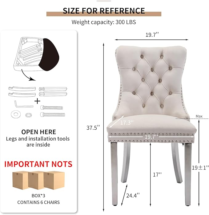 YeahFurn Mid Century Modern Dining Chairs Set of 6, Beige Velvet Upholstered Tufted Back, Kitchen & Dining Room Chairs, Brushed Silver Metal Legs, Nailhead Trim, Sillas para Comedor (Beige, 6 Pcs)