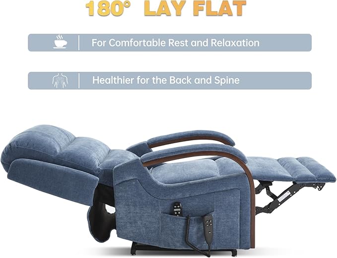 Dual Motor Power Lift Recliner Chair, Lift Chair with Massage and Heat for Elderly, Lay Flat Recliner, Standing Assistance, Infinite Position Reclining, Living Room Chair, Chenille, Blue
