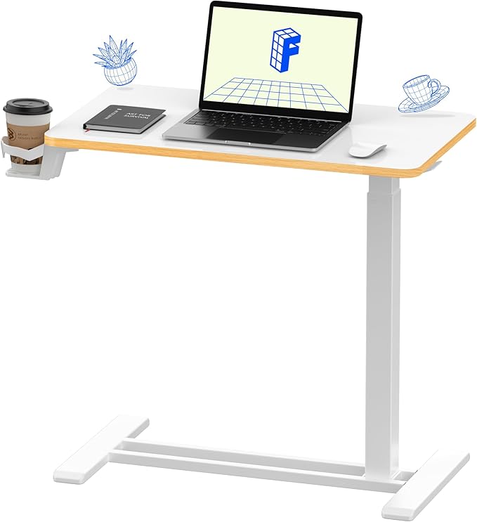 FLEXISPOT H7 Adjustable Overbed Bedside Table with Wheels Pneumatic Mobile Standing Desk Laptop Desk Rolling Computer Cart Movable Overbed Table Hospital Home Use(27.6" W x 15.7" D, White Maple)