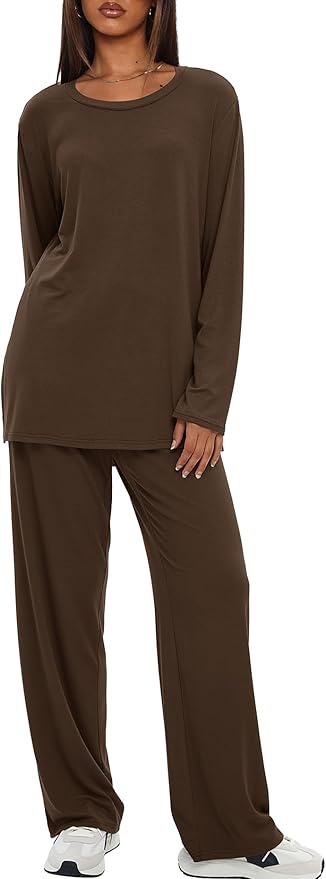Darong Women's 2 Piece Lounge Set Casual Long Sleeve Crew Neck Tops Wide Leg Pants Travel Airport Outfit Matching Sets