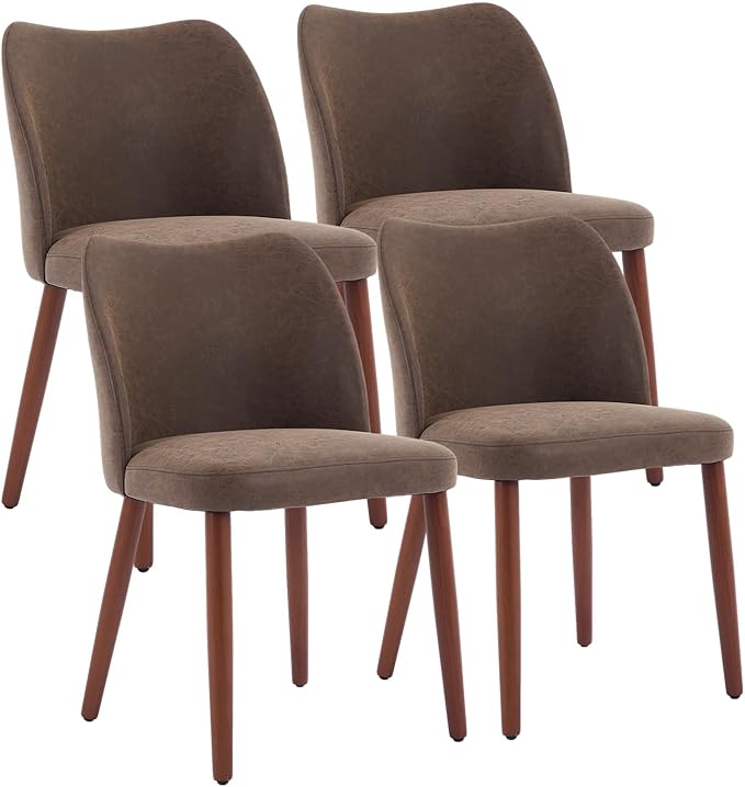 ElfinAura Dining Chair Set of 4, Leather Upholstered Dining Chair with Wood Legs, Wing Backrest, Wooden Kitchen Chair, Kitchen Chairs with Thick Cushions for Dining Room, Living Room, Taupe