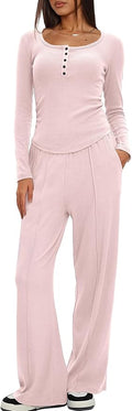 Darong Womens 2 Piece Matching Lounge Sets 2026 Long Sleeve Henley Shirts Wide Leg Pants Airport Travel Outfits