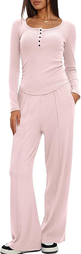 Darong Womens 2 Piece Matching Lounge Sets 2026 Long Sleeve Henley Shirts Wide Leg Pants Airport Travel Outfits