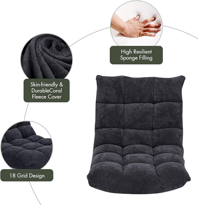 S AFSTAR Cushioned Floor Chair, 14-Position Adjustable Padded Lazy Recliner with Comfortable Back Support and Skin-Friendly Cover, Great for Reading, Playing Game, Meditating (Mysterious Black)