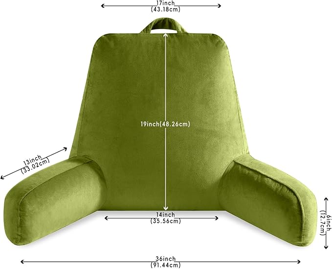 OAISZ Reading Pillow for Sitting in Bed Adult, X-Large Reading Pillow with Shredded Memory Foam, Back Pillow for Sitting Up with Extend Arms, Pockets, Bed Pillow with Washable Cover, FluorescentGreen