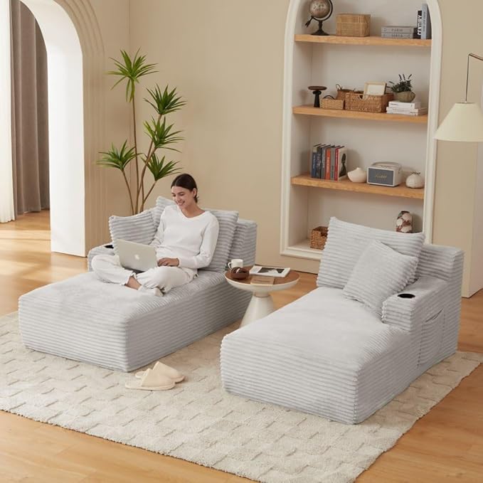 71" Oversized Double Chaise Lounge Sofa Indoor Boneless Sleeper Daybed, Fluffy Corduroy Upholstered Compressed Cloud Couch Loveseat Sofabed, Floor Chair w/Cupholders, Side Pockets for Living Room