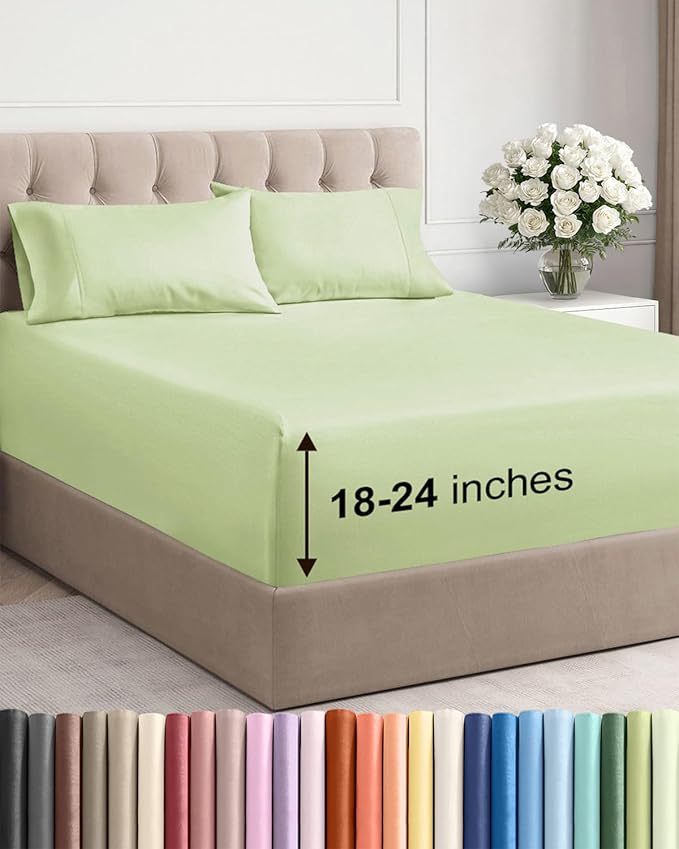 Extra Deep Pocket King Sheets - 4 Piece Breathable & Cooling Bed Sheets - Hotel Luxury Bed Sheet Set - Soft, Wrinkle Free & Comfy - Easily Fits Extra Deep Mattresses - Light Sage Green Sheets Set