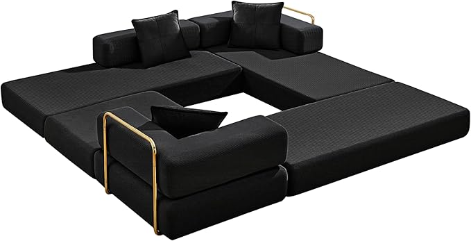 108" Convertible Sleeper Sofa Bed, Corduroy Folding Sofa Bed with Fixed-Shape Frame, Fold Out Floor Mattress Couch, Lazy Compression Sofas for Living Room, Bedroom, No Assembly Required,Black