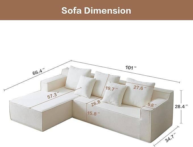 Swbvs L-Shape Chaise,7-Seater Sofa,Upholstered Couches for Living Room Bedroom,No Assembly,White