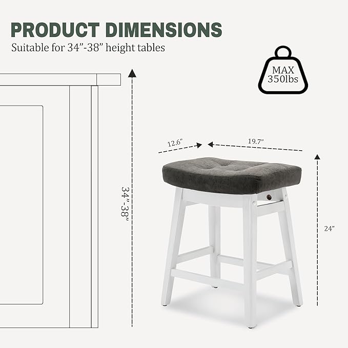 RNKSFX Counter Height Bar Stools Set of 4 for Kitchen Counter Farmhouse Modern Barstools with Faux Leather Upholstered Backless Seat and Solid Wood Legs 24 inch Bar Chairs, Grey + White