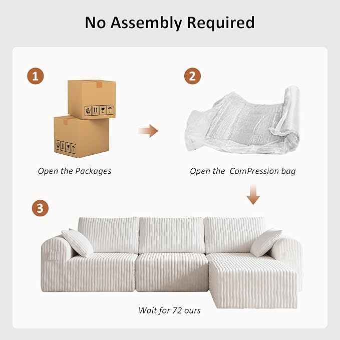 106" Modular Sectional Sofa, Boneless Couches for Living Room, L-Shape Sofa Couches,Cloud Couch Sectional, Comfy Corduroy Sofa, with Deep Seat, No Assembly Required (Beige, 3 Seater + 1 Ottoman)