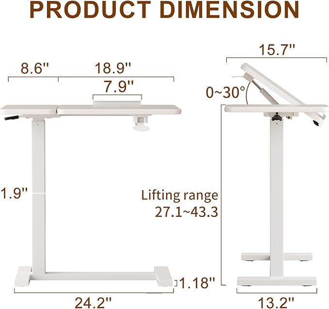 Solid Wood Overbed Bedside Table with Wheels, Tilting Adjustable Hospital Bed Table Over The Bed, Medical Mobile Laptop Stand, Rolling Standing Desk for Hospital and Home Use（White）