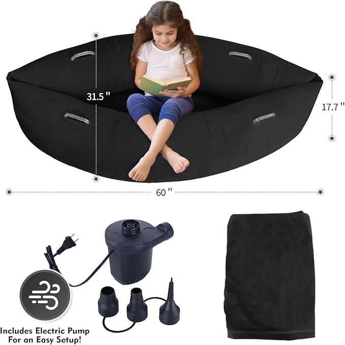 Toggloo Sensory Chair for Kids — 60 inch Comfy Peapod Sensory Chair for Kids Reading Corner, Inflatable Peapod Canoe for Children, ADHD Sensory Pea Pod — Includes Air Pump, Black