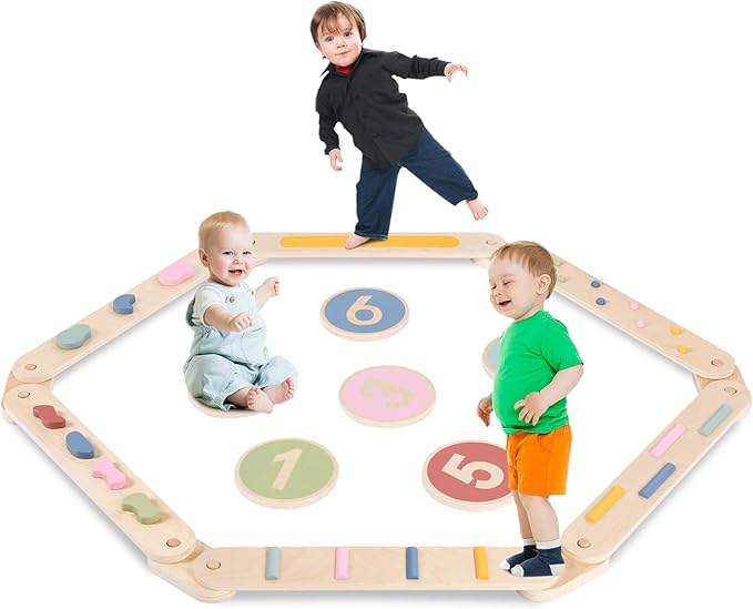 XYMERO Kids Wooden Balance Beam, 6 PCS Toddler Waldorf and Montessori Balance Board, Motor Skill Stepping Toy for Kids 3-5 Years, Gymnastic Obstacle Training Tools