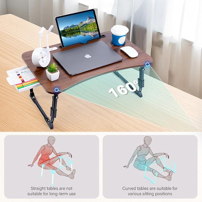 Laptop Desk for Bed, Height Adjustable Laptop Bed Table, Foldable Portable Lap Desk Stand with USB/Storage Drawer/Cup Holder/Slot, Breakfast Tray for Working Reading Writing Eating